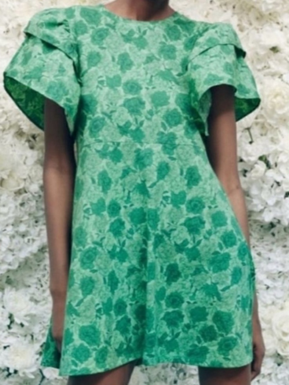 Zara Woman’s Green Botanical Print Flitter Sleeves Mini Dress